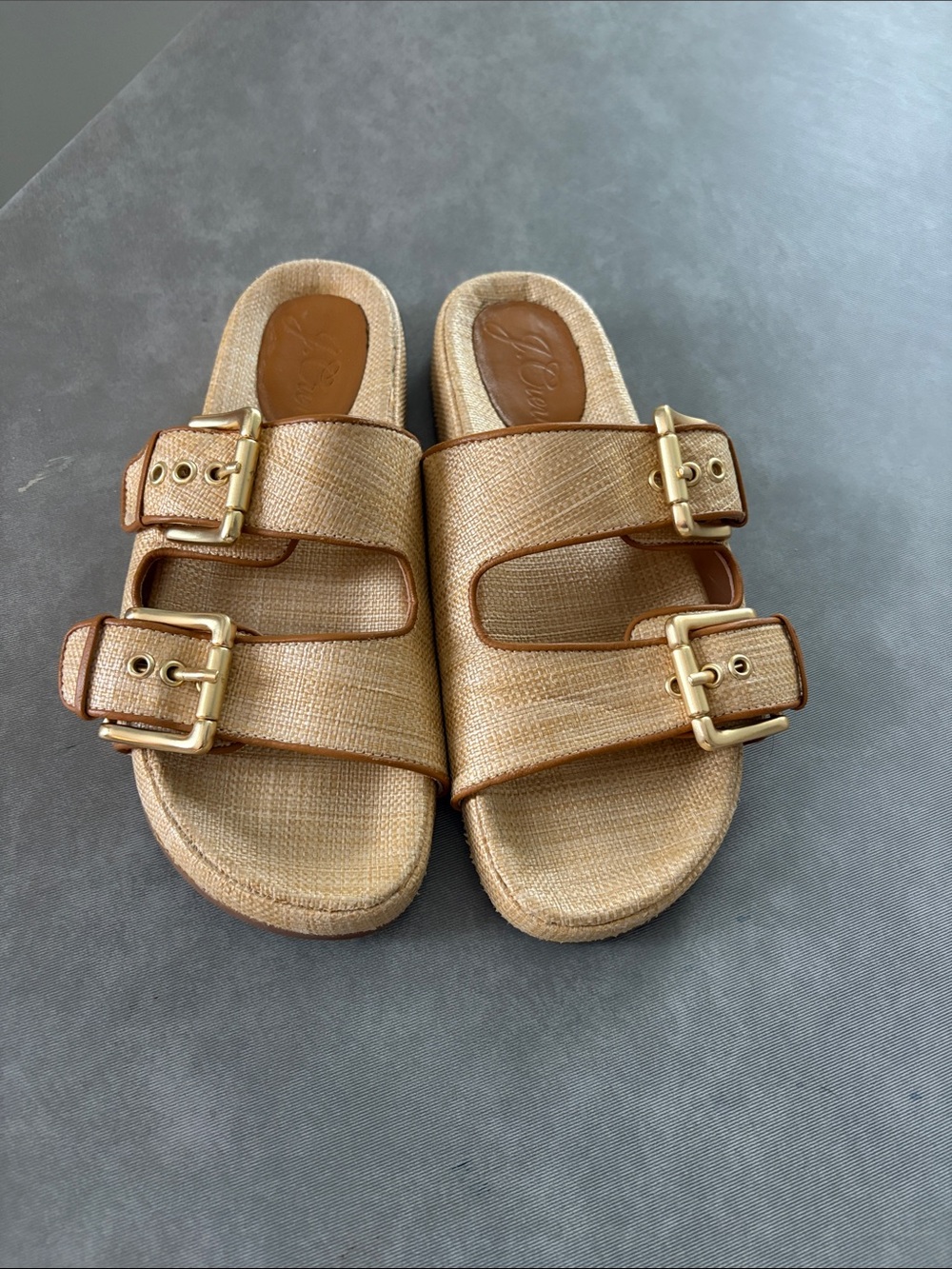 J. Crew Leather & Rattan/Wicker Gold Double-Buckle Slide Sandals